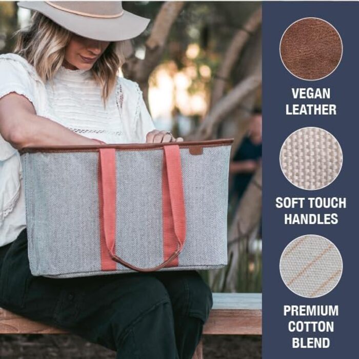 CleverMade Foldable Luxury Tote Bag, Pink Herringbone Pattern, 30L, Structured Tote with Handles and Reinforced Bottom, Reusable Shopping Bag, Grocery Bag