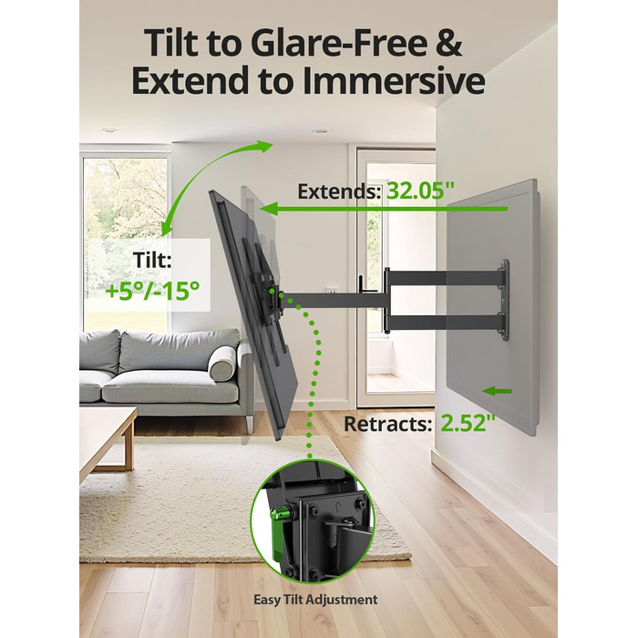Кріплення для телевізора USX MOUNT на стіну з подовженою балкою, для LCD/LED/OLED телевізорів 37-80 дюймів, витягування 814 мм, регульоване нахилом та поворотне на 180°, VESA до 600x400 мм, вантажопідйомність до 45 кг, ідеально для кутового монтажу