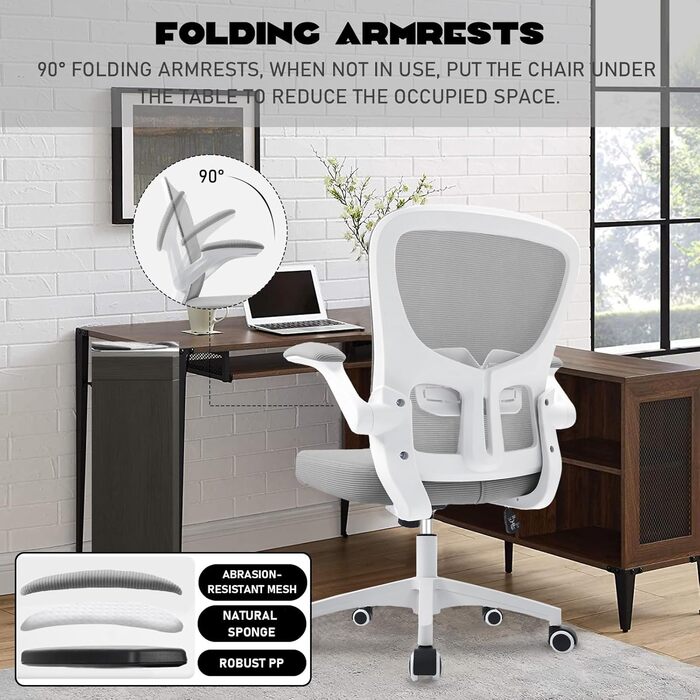 Ергономічне крісло для офісу та робочого столу з підйомними підлокітниками, регульованою підтримкою попереку, регульованою висотою поворотного п'єдесталу та спинкою з сіткою, що нахиляється до 130°, (Сірий)