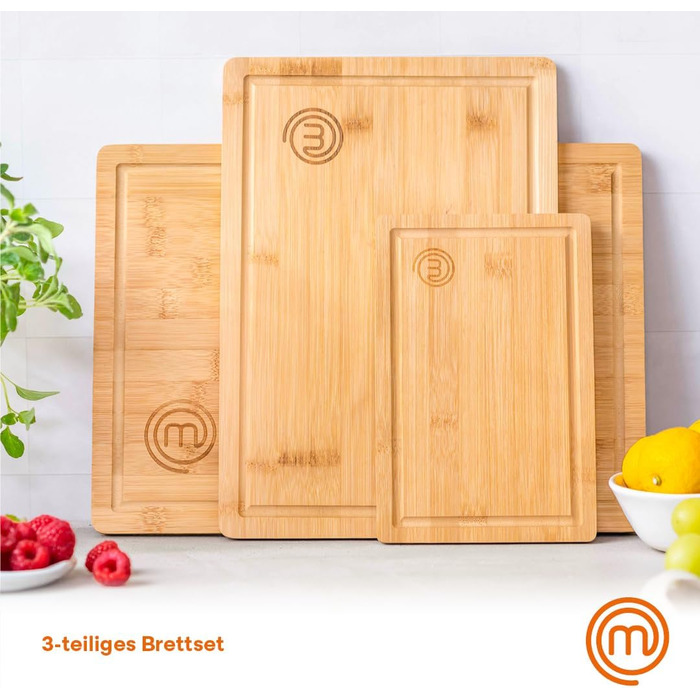 Набір дерев'яних обробних дощок MasterChef: великий (38x27.5 см), середній (34x23.5 см), маленький (23x15 см) з жолобом для соку, 3 шт.