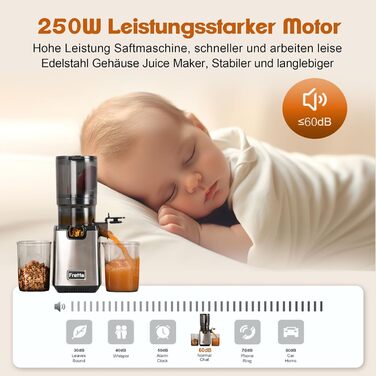 Fretta Slow Juicer, Winner in Vegetable and Fruit Tests, 250W Stainless Steel Electric Juice Extractor, Cold Press Juicer Machine with 135mm Large Opening, Easy to Clean, Reverse Function, BPA Free