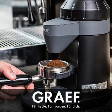 Електрична кавомолка GRAEF CM802 з алюмінієвим корпусом, контейнер для зерен 350г, жернова система з нержавіючої сталі, 40 ступенів помелу, для еспресо, антистатичний вставка, алюмінієве лопатечкове колесо, 128 Вт, чорний колір