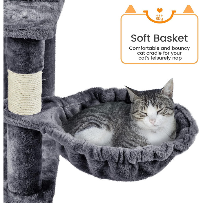 Кігтеточка Yaheetech XXL для котів, 175 см, для 3-4 котів, з платформами, гамаком, м'ячиком, сізаль, темно-сіра
