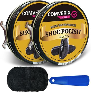 COMVERIX Set with 2 Black Nail Polishes, 45 ml, Nail Polish Set with Shoe Cream, Shine Cloth, Durable Horn, Shiny Finish, Black Shoe Polish Included, Black, 50ml