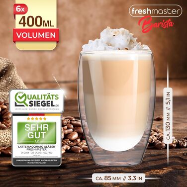 Latte Macchiato Glasses - Barista Premium Quality for the Best Enjoyment - 400 ml Thermo Glass Cups Set, Double-Walled | Double-Walled Coffee Glasses (6x400ml)