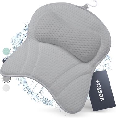 Vesta+ Grey Bath Pillow with Suction Cups - Tested Winner - Neck & Back Support - Non-Slip Bath Cushion for Bathtub & Shower