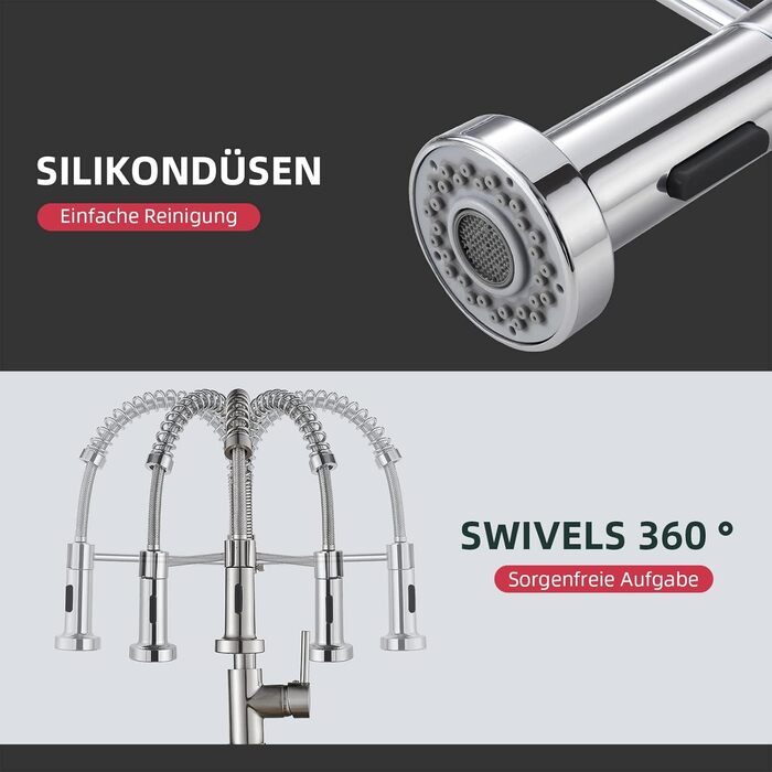 Змішувач для кухні Cobbe з висувним виливом та душем, 2 режими, поворотний на 360°, високий тиск, кухонний, (Achrom)