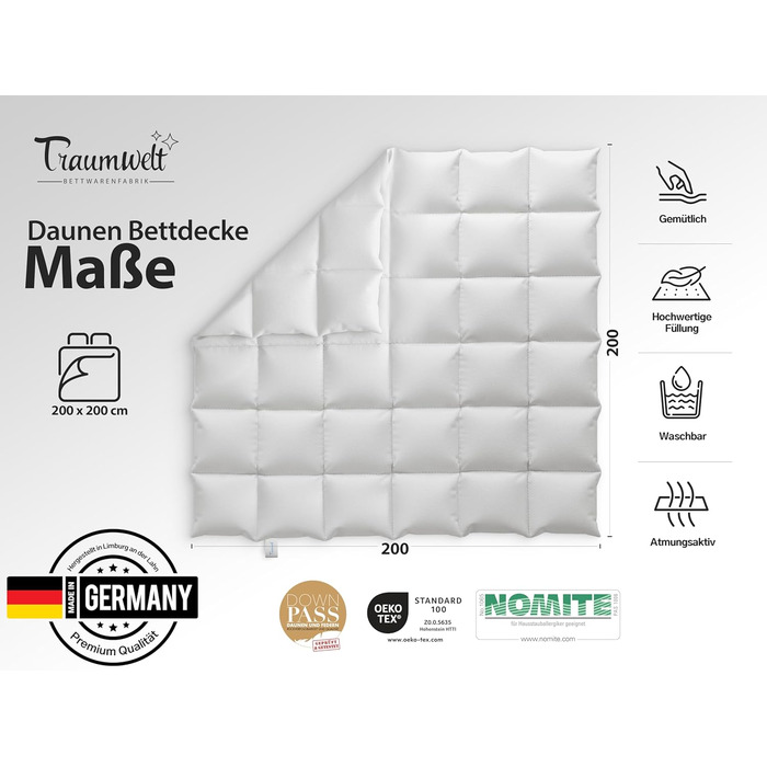 Німецька пухова ковдра Traumwelt 200x200 см, 90% пух, 10% перо, всесезонна, антиалергенна, сертифікат Öko-Tex 100, Downpass