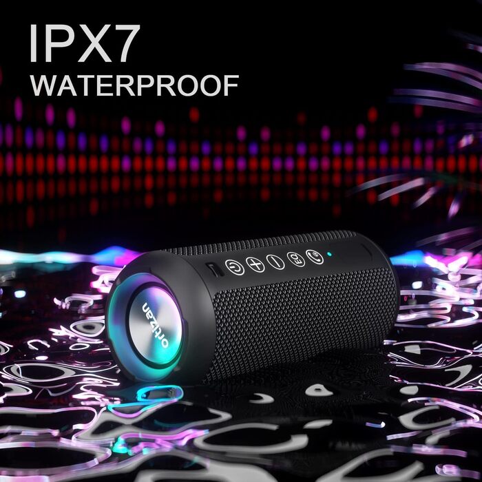 Портативна Bluetooth колонка Ortizan з RGB підсвічуванням, IPX7, 30 годин роботи, Bass Boost, TWS, AUX, TF картка, мікрофон (чорний)
