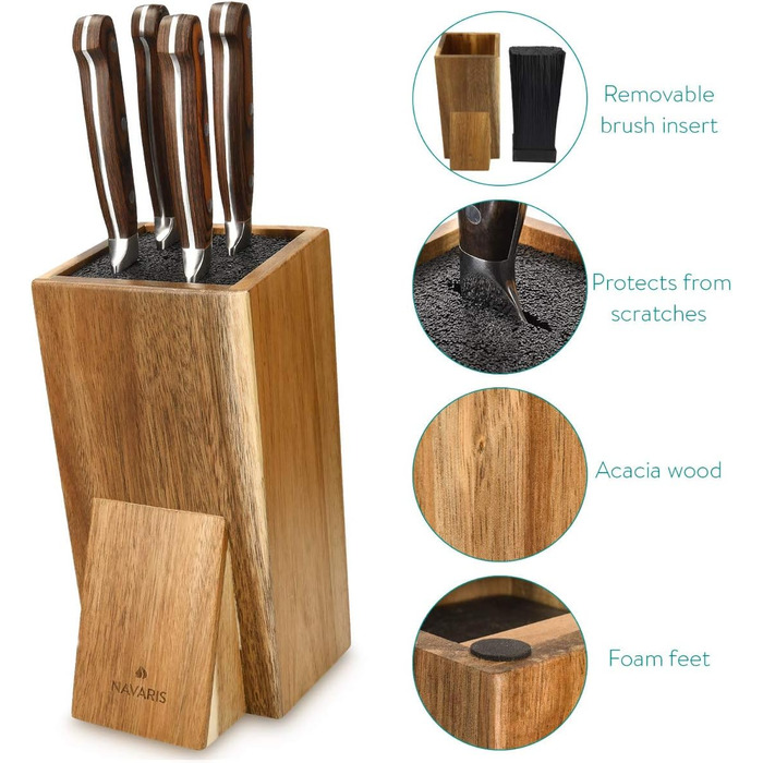 Navaris Acacia Wood Knife Block with Brush Insert - Unfitted Knife Block made of Wood - Universal for Kitchen Knives, Chef's Knives, Cooking Utensils - Brown