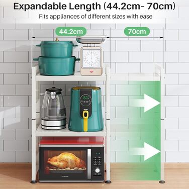 Поличка для мікрохвильової печі SAYZH, 3-рівнева висувна, органайзер для кухні з 10 гачками, біла