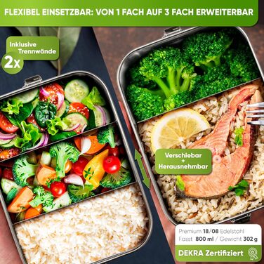 Premium Stainless Steel Lunch Box I 800ml I for Children, including 3 Compartments and Replacement Seal I The food container with 2 dividers is leak-proof I Small lunch box