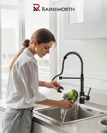 Кухонний змішувач Rainsworth з нержавіючої сталі, чорний, з висувною лійкою та двома струменями, 360° обертання, 45 см