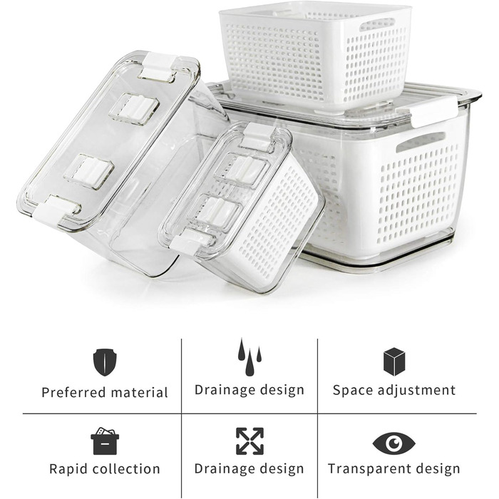 Freshness Food Storage Containers Set Refrigerator Organizer Reusable Storage Containers 3-Piece Set (0.5L+1.7L+4.5L) Plastic Refrigerator Organizer Set with Lid and Strainer (White, 3-Piece Set)