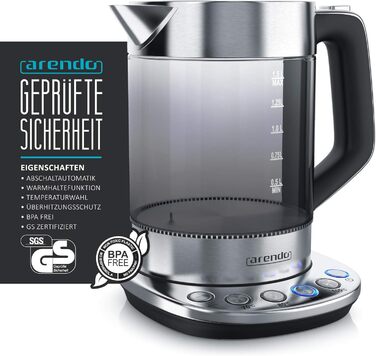 Електричний чайник Arendo з регулюванням температури, 1.5 л, скло, нержавіюча сталь, підтримання тепла 30 хв, Borosilikatglas, сучасний дизайн