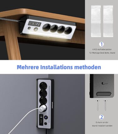 Мережевий адаптер з USB та 2 Type-C, 4 розетки, 16A, 3680W, з вимикачами, захист від перенапруги, LED, для кухні/офісу, білий/чорний