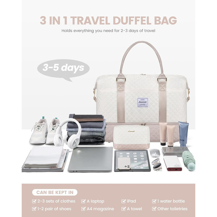 Спортивна сумка LOVEVOOK для жінок, велика ручна поклажа, дорожня сумка-дуffel, містка для подорожей, сімейна, для фітнесу, басейну, лікарні, догляду за дитиною (2 шт., бежевий, рожевий)