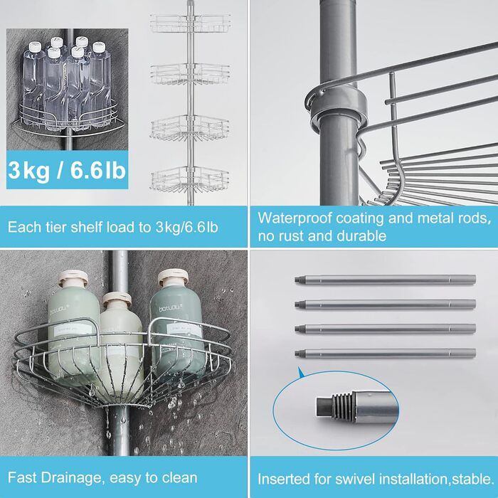 DUFU Кутовий полиця для душу з 4 кошиками, металева, регульована висота 73-265см, без свердління, антиковзаюча, сіра