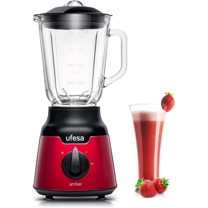 Ufesa Stand Mixer BS4100 Amber Red, 0.8L Glass Jar, Pulse/Ice Crush Function, 2 Speeds + Pulse, 4 Stainless Steel Blades, 900W, Airtight Seal, BPA-Free, Red Inox, Amazon Exclusive 900W 0.8L