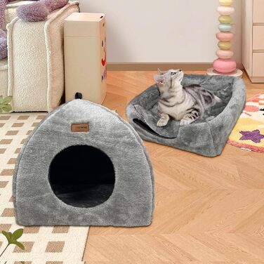 Кішка-будиночок для дому: затишна печера з м'яким, пральним подушками. Зручне, складне ліжко-будиночок для котів, 40x40x35 см (L:45x45x41 см, сірий)