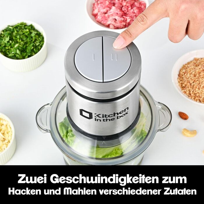 Електричний подрібнювач Zerkleinerer Kitchen in the Box 400W зі скляною (1л) та сталевою (2л) чашами для м'яса, овочів, фруктів та дитячого харчування, сріблястий