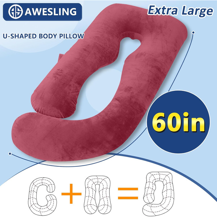 Подушка для вагітних AS AWESLING U-подібної форми, повного тіла, для годування, підтримки та вагітності, знімний чохол (трав'яно-зелений, піна з пам'яті) (Claret-піна з пам'яті)