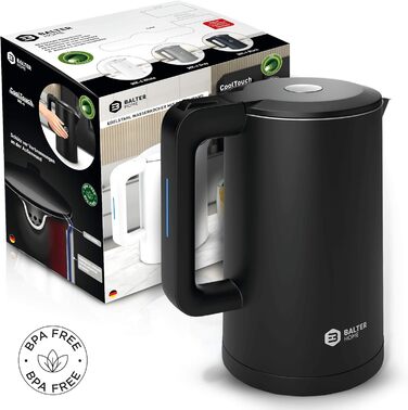 Balter Stainless Steel Kettle WK-4, 1.7 Liter, Electric Kettle, Double-Walled Design, BPA Free, LED, Compact Tea Kettle, Quiet (Black)