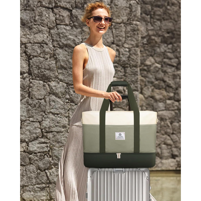 Сумка-валіза LOVEVOOK для жінок, водонепроникна, 42L, зелено-бежева. Ідеальна для подорожей, спортзалу, пологів та Ryanair. Має відділення для взуття та клінічна сумка.