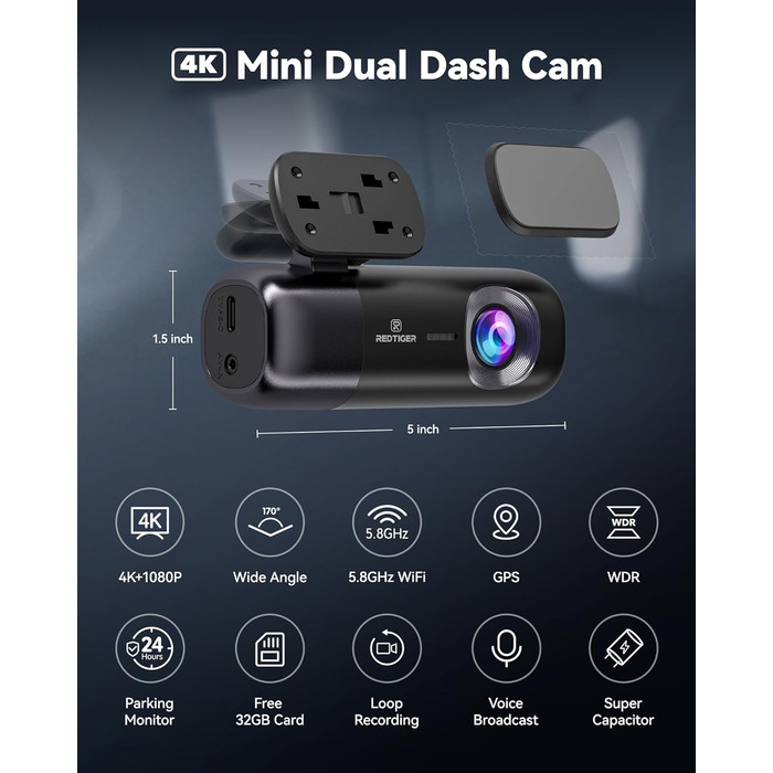 Відеореєстратор REDTIGER F9: 4K/1080P, WiFi, GPS, 32GB карта, запис по колу, нічне бачення, паркувальний режим, керування через додаток, підтримка до 256GB