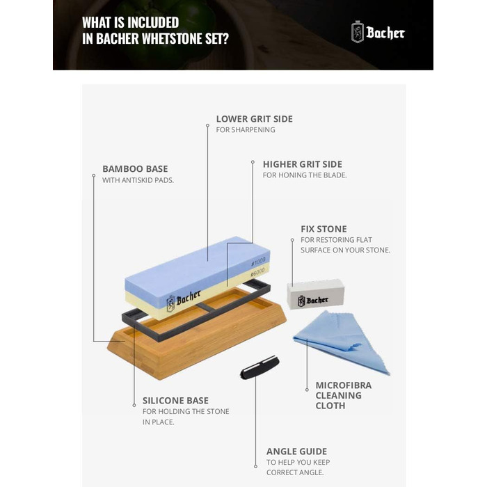 Преміум точильний камінь Bacher Schleifstein, двосторонній, зернистість 400/1000. Точило для ножів з бамбуковою підставкою, точильний камінь, допомога у заточуванні та детальна інструкція.