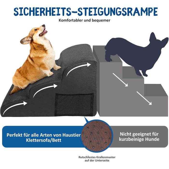 Сходинки для собак ZNM: 3-ступенева переносна драбинка для маленьких собак та котів, 40 см, чорний колір