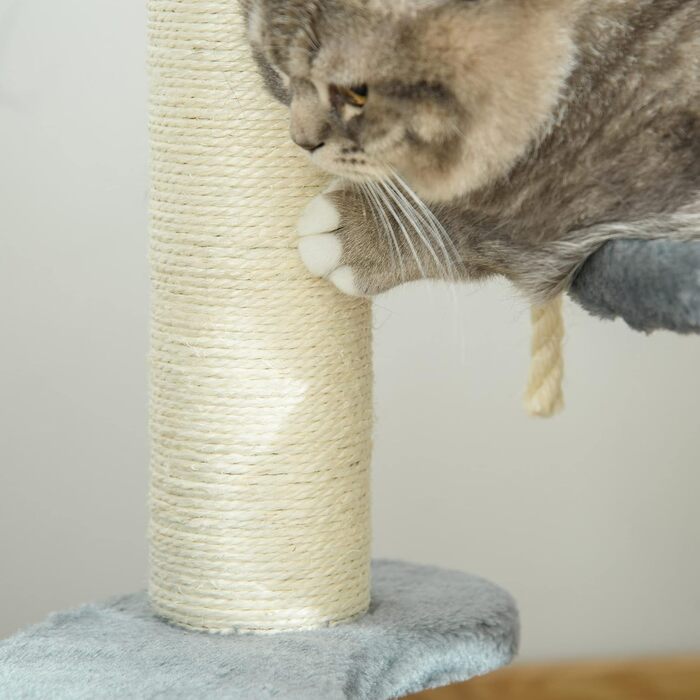 PawHut Cat Tree Climbing Tree with Hammock, 3-Tier Play Tree with Cat Bed Cat Scratching Post with Sitting Platform, Sisal Columns, Grey Ø40 x H65 cm