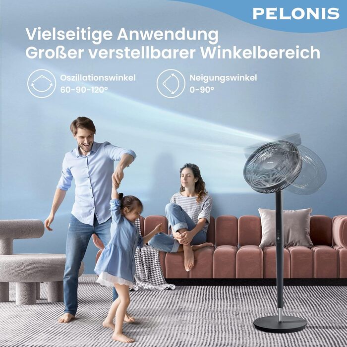 Турбовентилятор PELONIS з пульт дистанційного керування, дисплеєм, 3D циркуляцією, 36.5dB, 10м повітряний потік, регульована висота 60/111см, 4 режими з таймером, знімний захист, поворотний, 76см, оранжевий