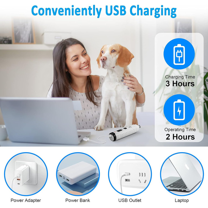 Електричний точило для собачих кігтів Casfuy з LED-підсвіткою, 4.8V, 2 швидкості, для середніх собак