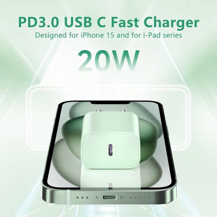 Зарядний пристрій USB-C 20W для iPhone 17/16/15 Pro/Plus, кабель Type-C 2м, PD3.0, адаптер живлення - Зелений