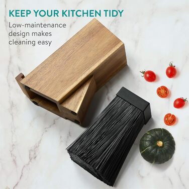 Navaris Knife Block with Smartphone and Tablet Holder - Knife Block without Knives - Multifunctional Kitchen Knife Block Made of Durable Acacia Wood - Washable Bristles