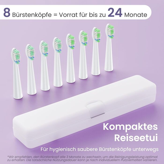Електрична зубна щітка YUNCHI C2 з 40000 вібрацій на хвилину, звукова щітка для дорослих, зарядка USB-C, акумулятор на 55 днів, 5 режимів чищення, таймер 2 хвилини, 8 насадок, дорожній футляр, чорний (C2 фіолетовий та білий)