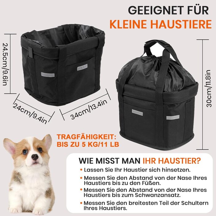 Складаний водонепроникний кошик на кермо велосипеда, знімний, з алюмінієвого сплаву, для собак, котів, невеликих тварин, для пікніка, покупок (Чорний)