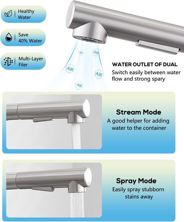 Змішувач кухонний з висувною лійкою, високого тиску, з двома режимами струменя, поворотний на 360°, L-подібний, з нержавіючої сталі (шліфований)