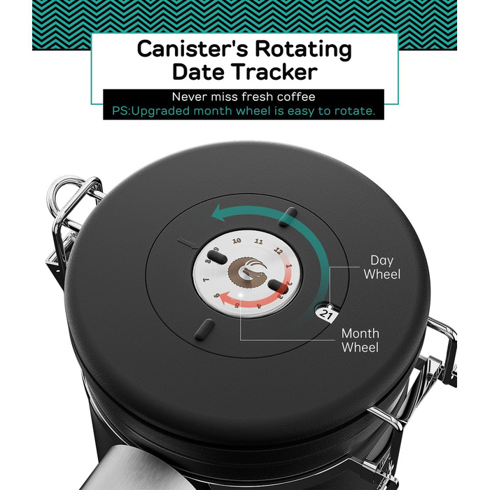 Контейнер для кави Coffee Gator з нержавіючої сталі, герметичний, з датчиком дати, CO2-вентилем, ложкою, для кавових зерен, меленої кави, горіхів, чаю, цукру (Чорний)