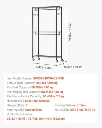 Вешалка для одягу VEVOR з 4 перекладинами, 8 гачками та 385,5 кг вантажопідйомністю, відкрита шафа для одягу, 3 полиці