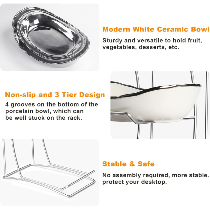 Керамічна фруктова ваза на стільницю, 3-ярусна, з металевим каркасом, для фруктів, овочів та десертів (срібна)