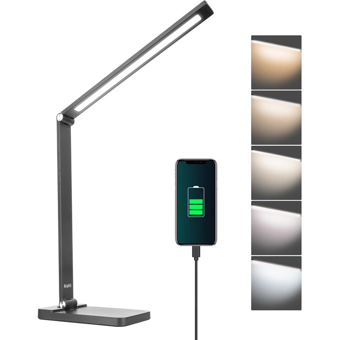 LED лампа настільна диммерна з USB, 5 кольорів та 3 рівні яскравості, для читання, дітей, офісу, чорна MT-856