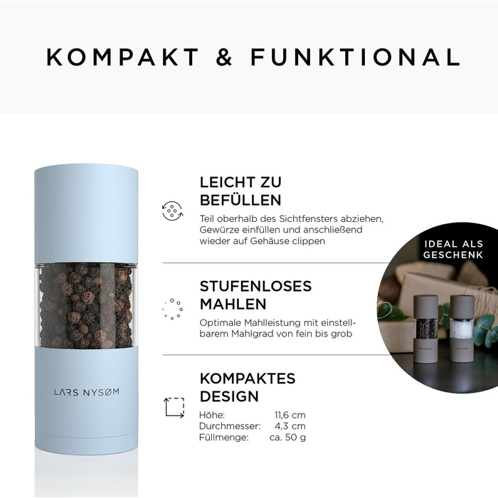 LARS NYSØM Salt and Pepper Mill Set made of Stainless Steel with Adjustable Ceramic Grinder - 2 Pieces | Manual Spice Mills with High-Quality Design (2 pcs) (Sky Blue)