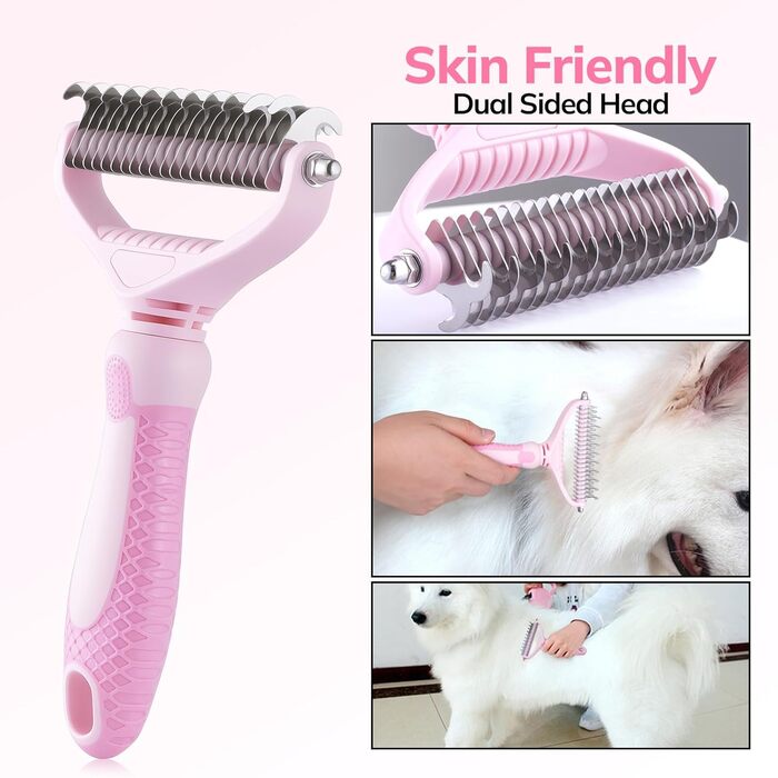 Щітка для собак та котів, гребінець для тварин з нержавіючої сталі 12+23 зубці, двостороння для видалення шерсті та розплутування, для дому (L, вишня, рожевий)