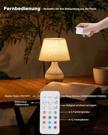 Бездротова керамічна настільна лампа з таймером, димером, лляним абажуром, пультом дистанційного керування, акумуляторна, в стилі Mid Century Modern