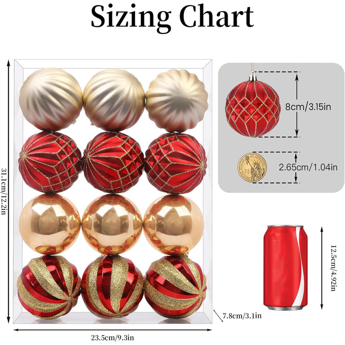 Прикраси для ялинки Shareconn: 30 кульок, 60 мм та 80 мм (червоний та золотий)
