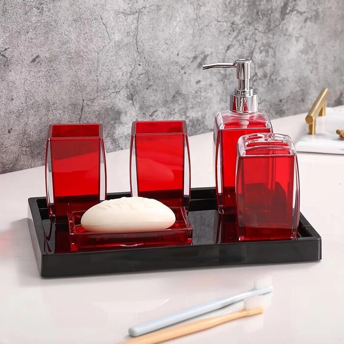 5-Piece Red Acrylic Bathroom Accessories Set, Complete Set, Lotion/Soap Dispenser, Soap Dish, Toothbrush Holder, Cup, Toilet Brush and Holder, Modern Bathroom Decor and
