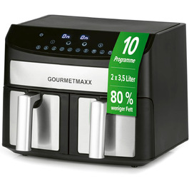 Gourmetmaxx Double Chamber Hot Air Fryer 2x 3.5L - Stainless Steel | Air Fryer with Synchro Cooking Zones, Timer Function & Touch Display | Energy-Saving Frying | 10 Programs | 2400 Watts Stainless Steel / Black 2x 3.5 Liters