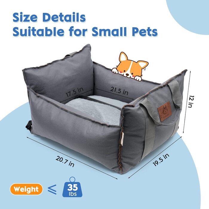 Автокрісло для собак 2-в-1 з ременем безпеки: автокрісло та ліжко для собак, знімний килимок та чохол, миється, для собак маленьких та середніх порід, сірий & блакитний